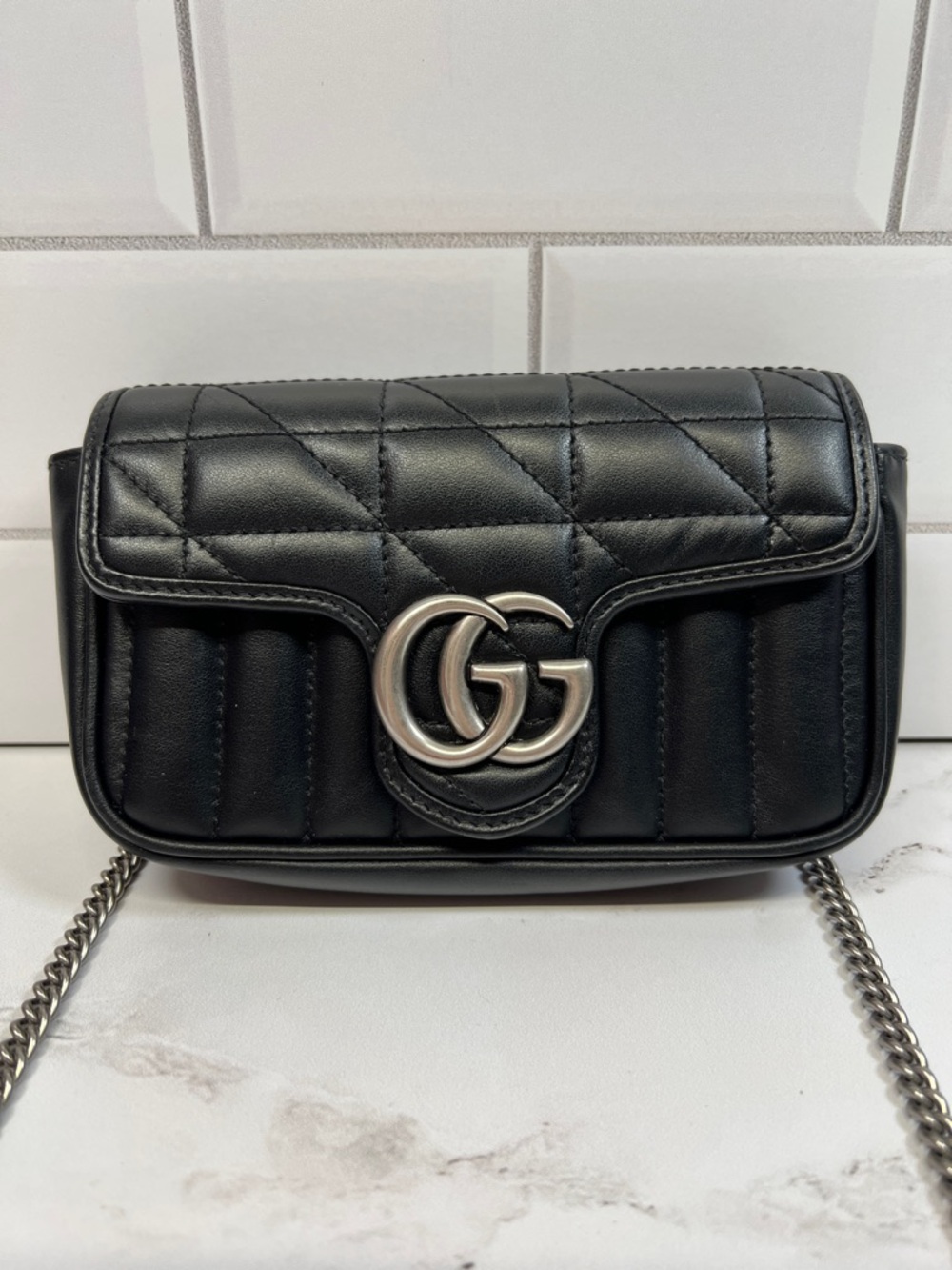 Gucci GG Black Silver Super Mini Marmont Shoulder Bag Purse Chain Crossbody